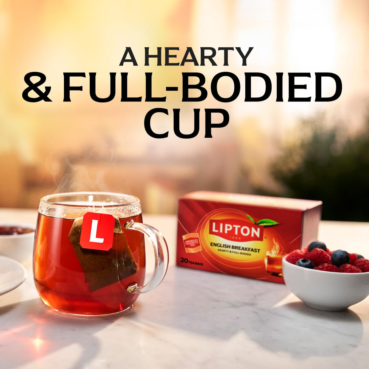 Lipton English Breakfast tea bags steeped in a cup for a brisk, full-bodied brew