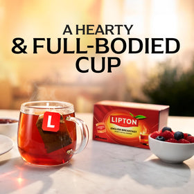 Lipton English Breakfast tea bags steeped in a cup for a brisk, full-bodied brew