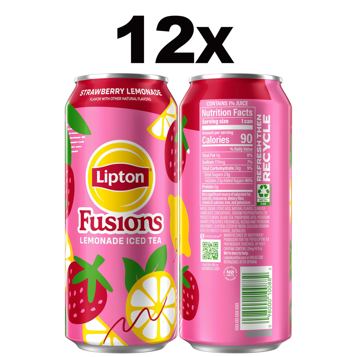 Lipton Fusions Lemonade Fruit Flavor Iced Tea can highlights crisp, fruity refreshment.