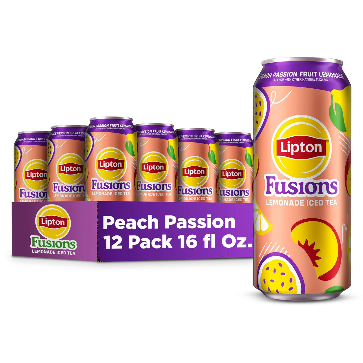 Lipton Fusions Peach Passion Fruit Lemonade Iced Tea can in a 12-pack for on-the-go refreshment