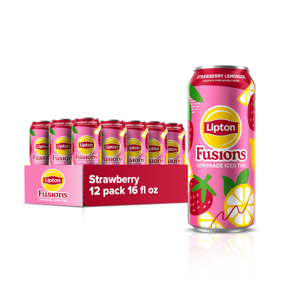 Lipton Fusions Strawberry Lemonade Iced Tea can for refreshing on-the-go enjoyment.