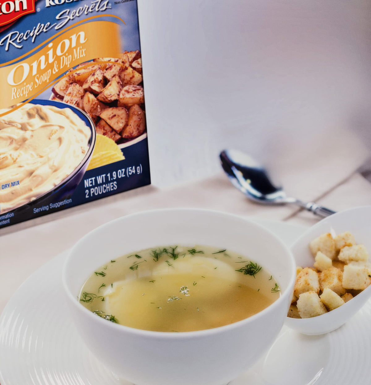 Lipton gluten-free onion soup dip mix packaging shows two-step recipes for faster meals