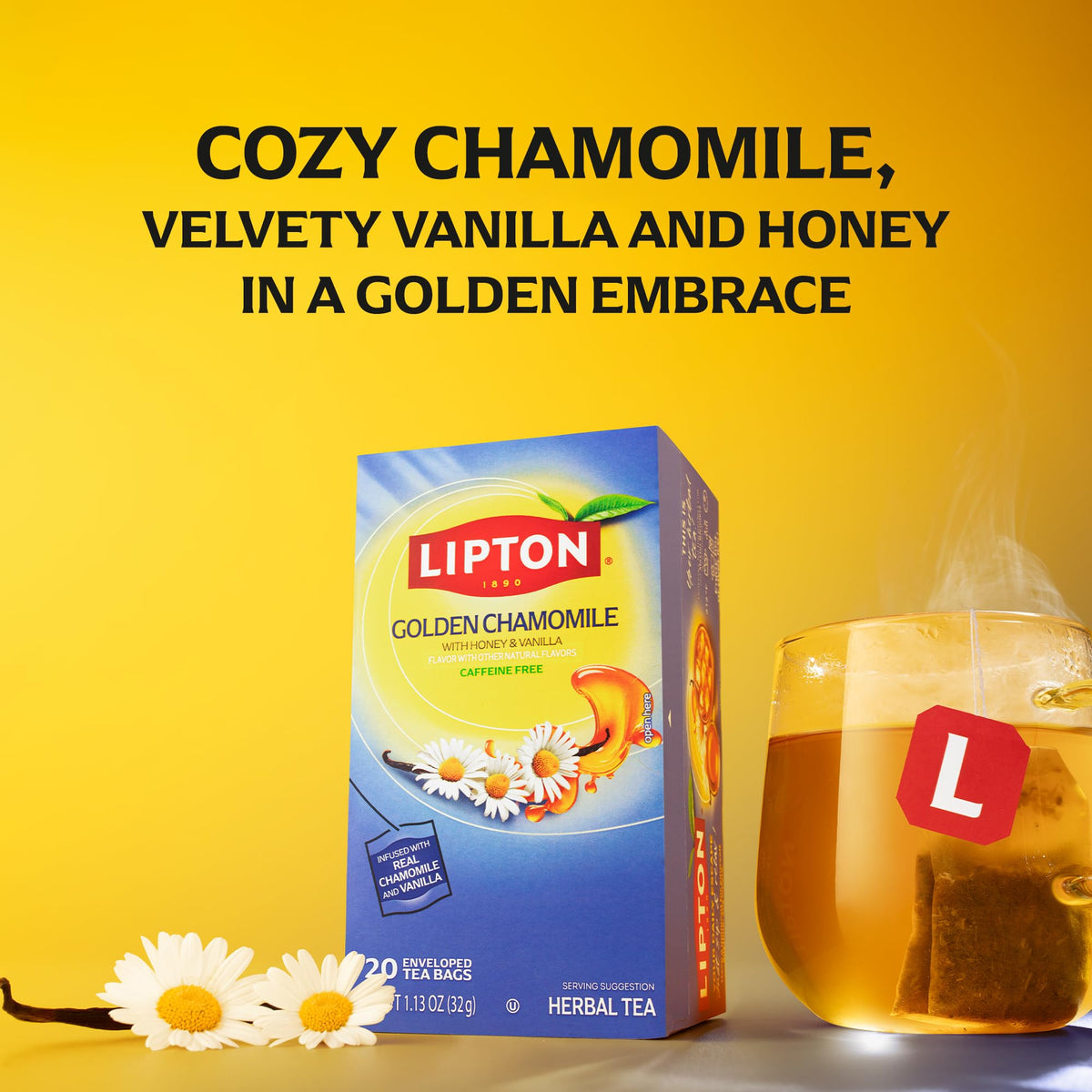 Lipton Golden Chamomile tea bags exterior box showcasing 80-count value