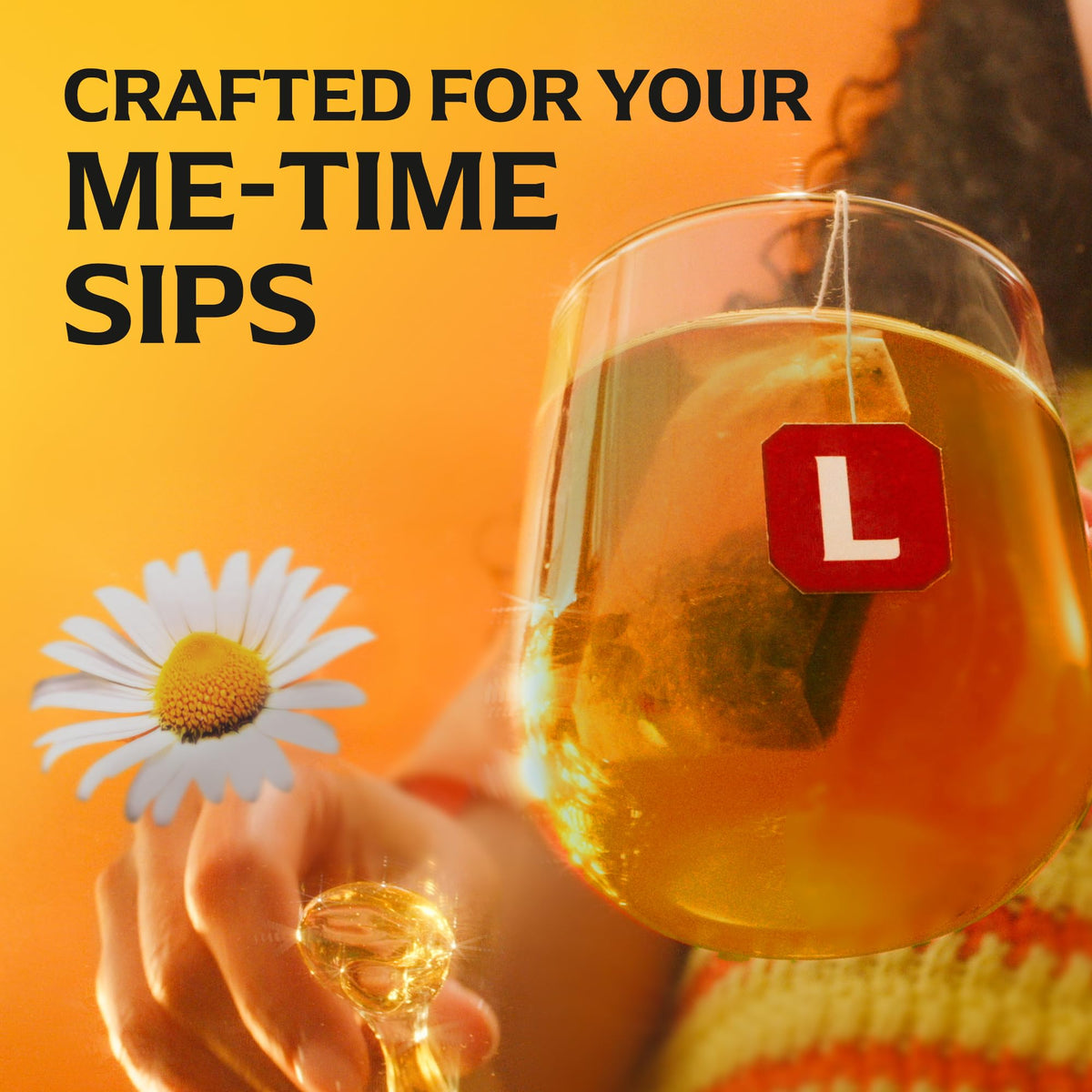 Lipton Golden Chamomile tea bags in hot cup delivering a comforting, caffeine-free moment