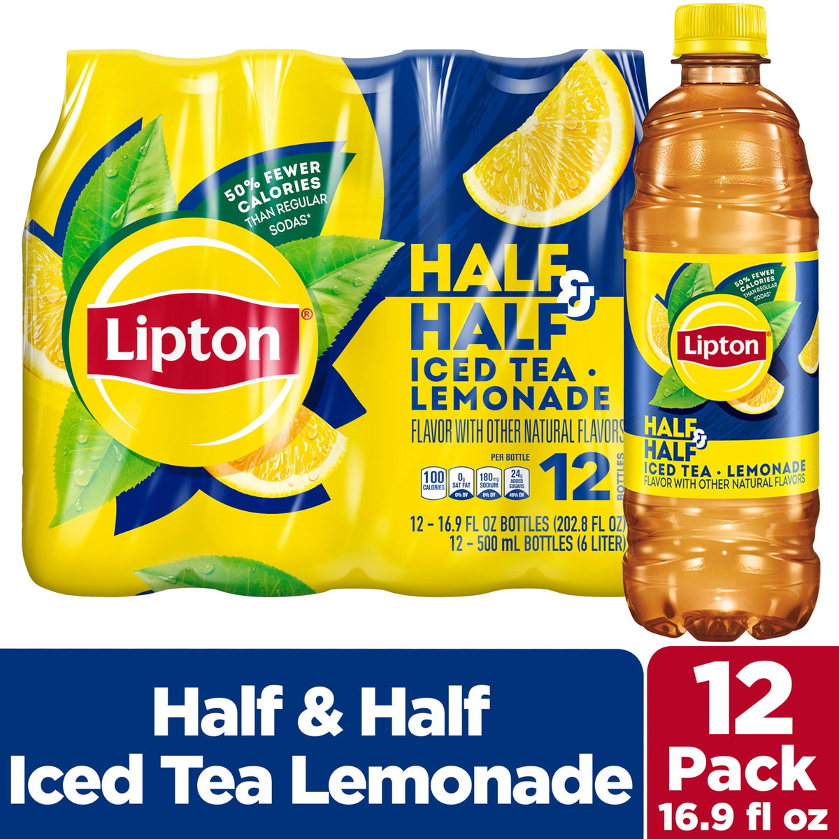 Lipton Half and Half iced tea lemonade bottle pouring into a glass.