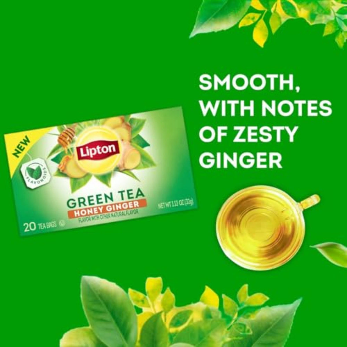 Hot brew cup of Lipton Honey Ginger Green Tea Bags ready in minutes.