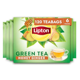 Packaging of Lipton Honey Ginger Green Tea Bags in a six-pack for daily use.
