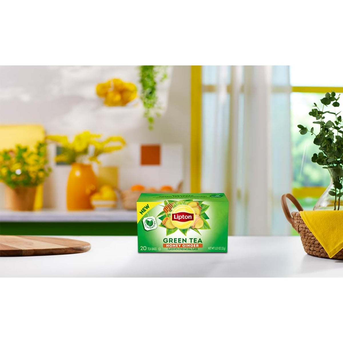 Six-pack box of Lipton Honey Ginger Green Tea Bags on shelf.