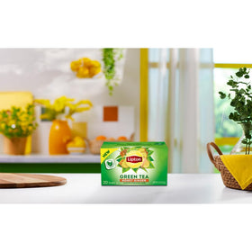 Six-pack box of Lipton Honey Ginger Green Tea Bags on shelf.