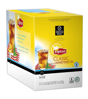 Lipton K-Cup Classic Unsweetened Iced Tea packaging, 96-count box for convenient stocking.