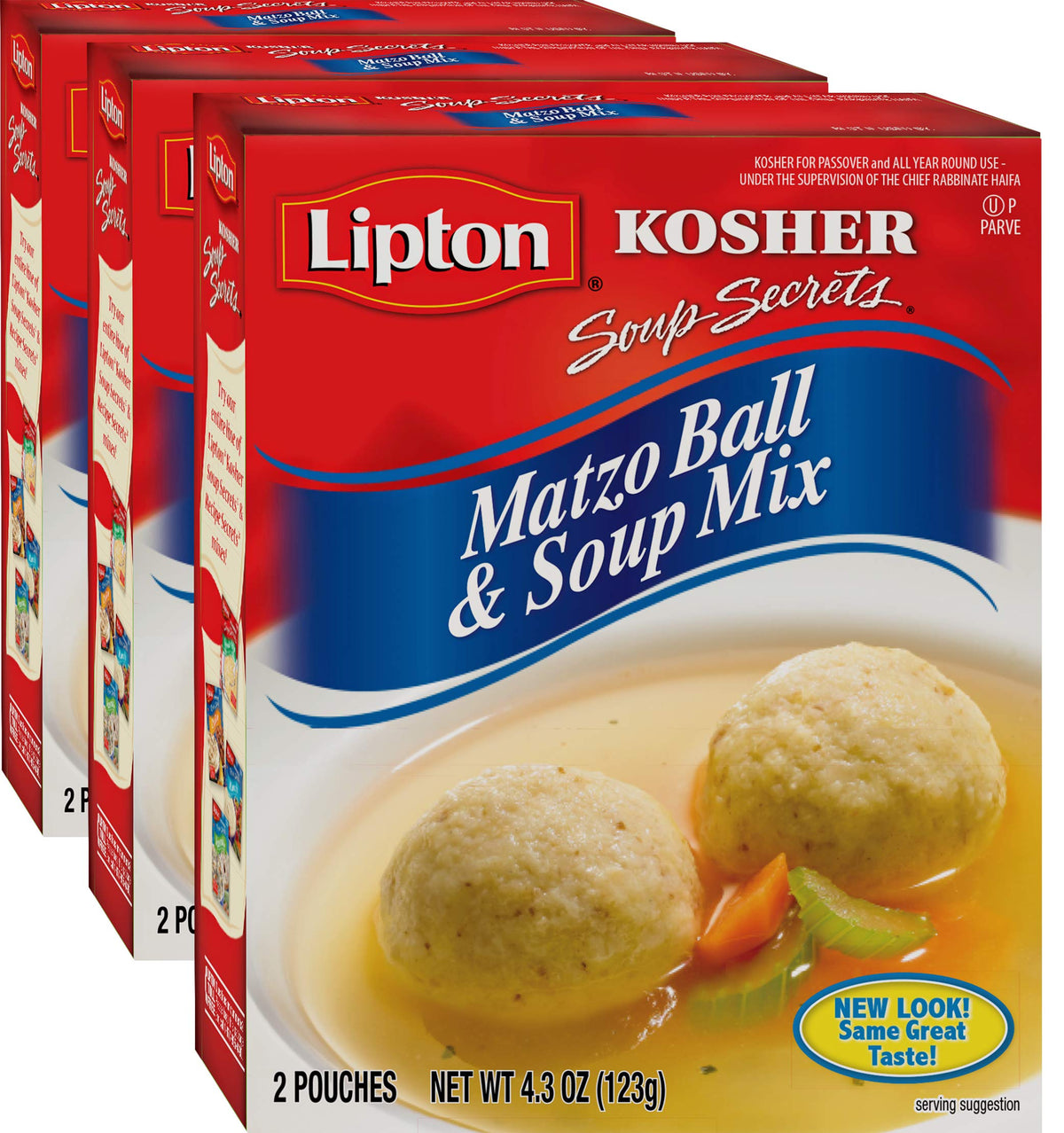 Lipton kosher matzo ball soup pack opens for quick weeknight prep.