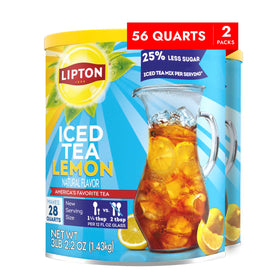 Lipton Lemon Flavor Iced Tea Mix canister on the counter, showcasing packaging and 28 quart yield