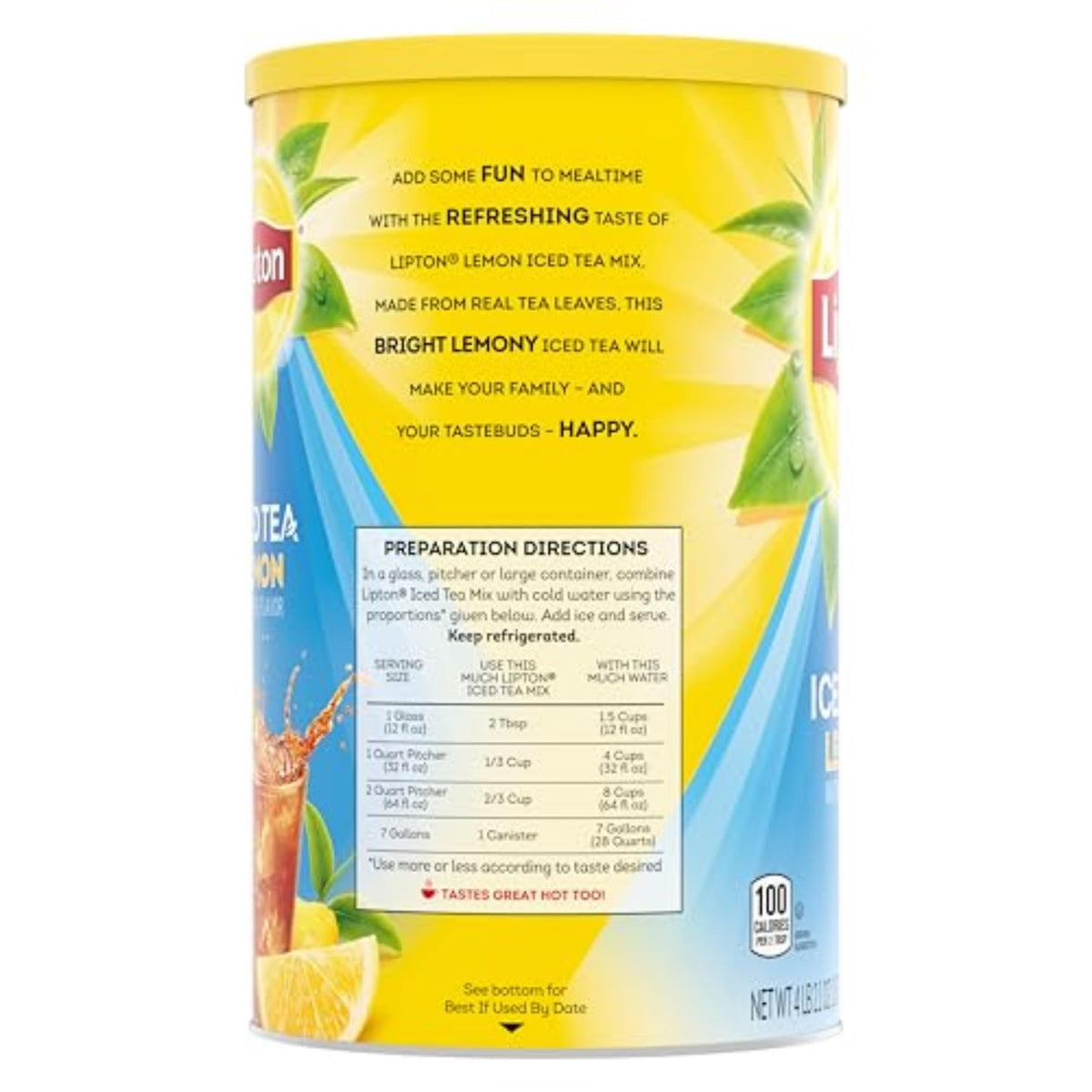 Lipton Lemon Iced Tea Mix pack closeup highlights real tea leaves and natural flavors.