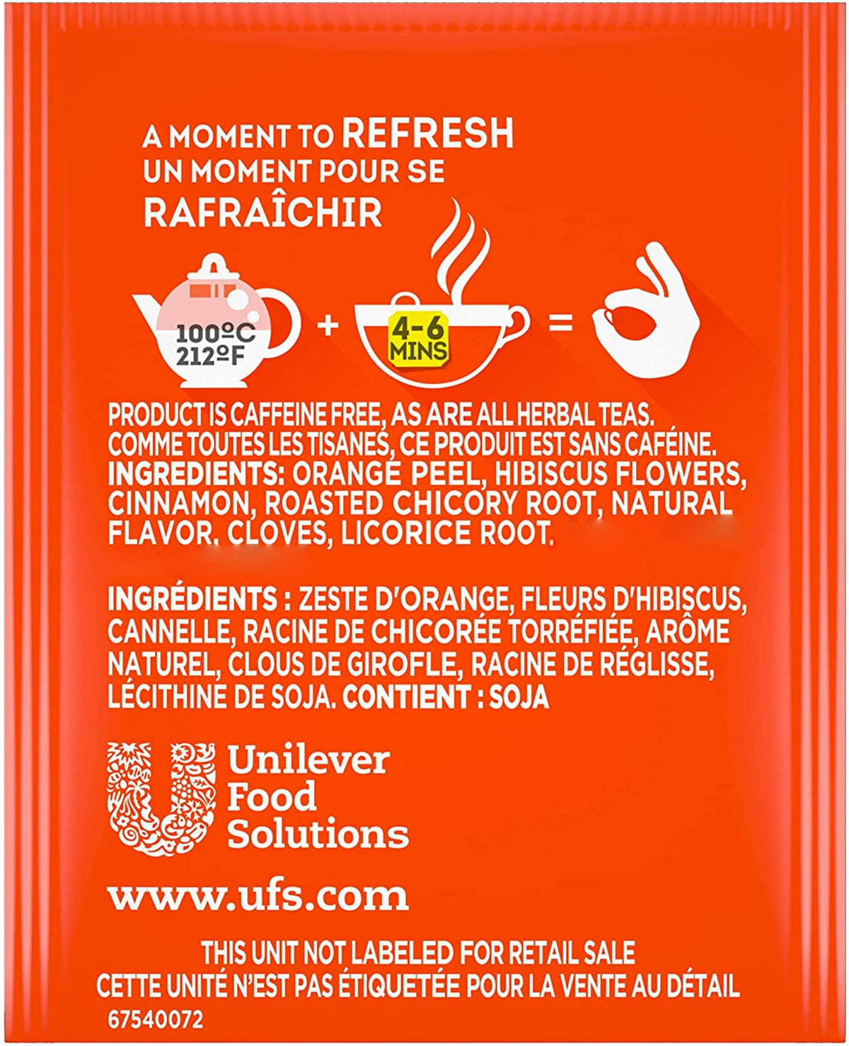 Lipton orange herbal tea boxes arranged on a shelf.