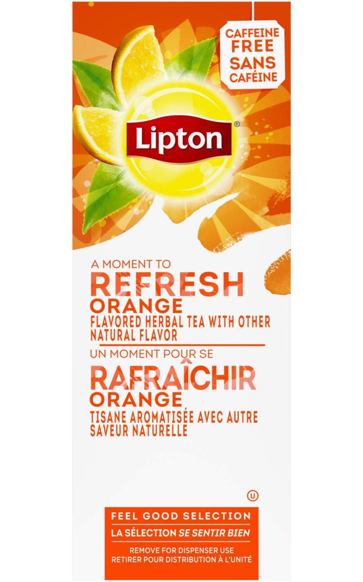 Lipton orange herbal tea tea bags closeup in individual envelopes.