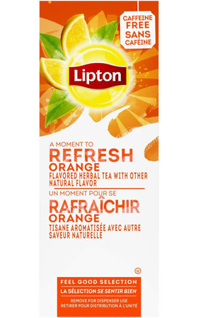Lipton orange herbal tea tea bags closeup in individual envelopes.
