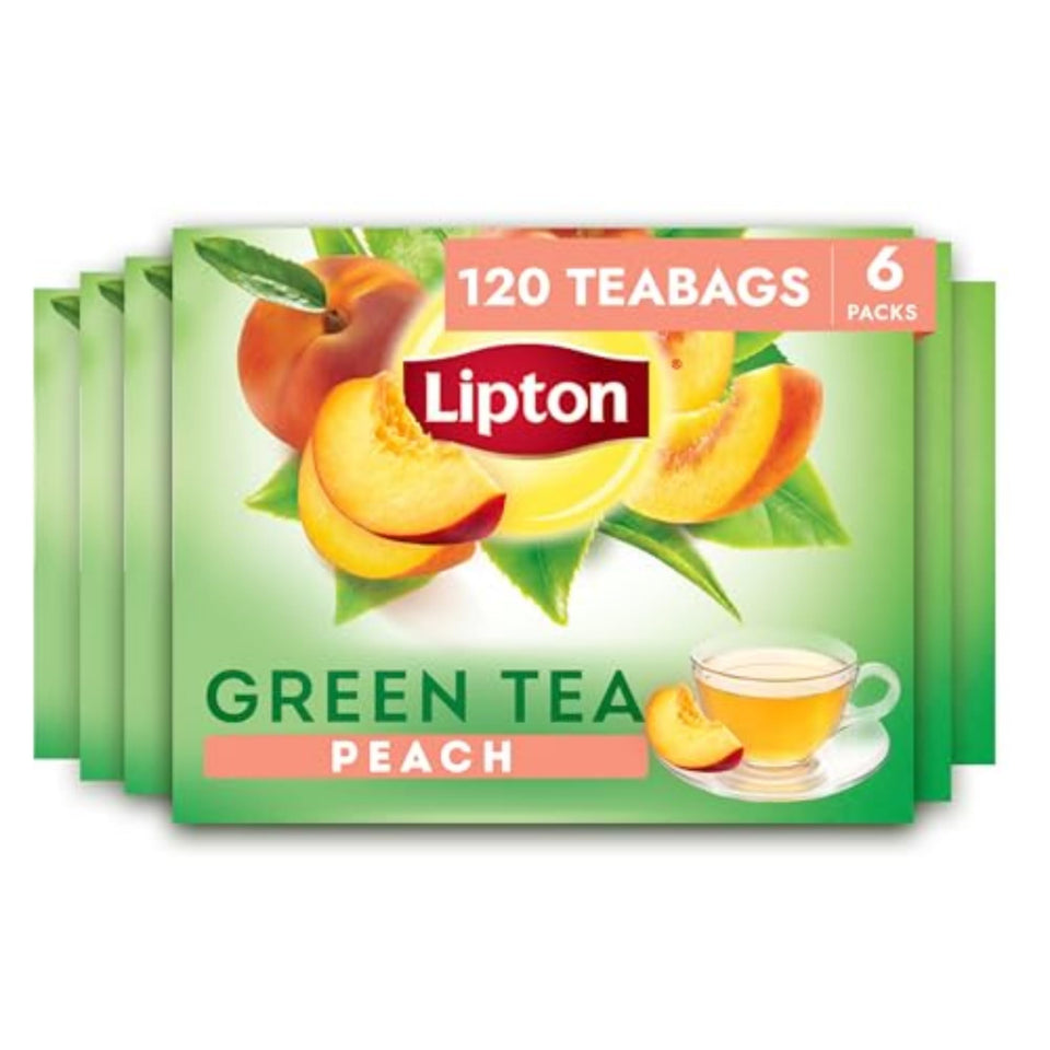 Lipton Peach Green Tea bags in a box showcasing peach flavor notes for a refreshing brew