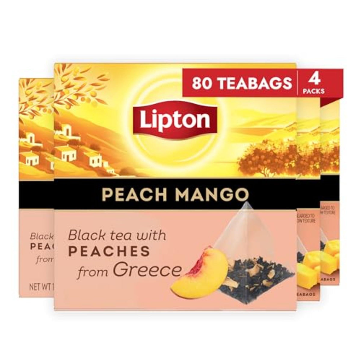 Lipton Peach Mango pyramid tea bags ready to steep for a flavorful cup