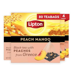 Lipton Peach Mango pyramid tea bags ready to steep for a flavorful cup