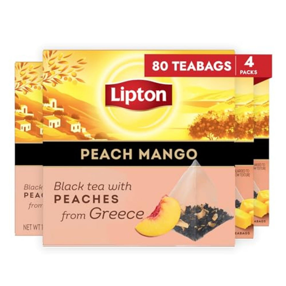 Lipton Peach Mango pyramid tea bags ready to steep for a flavorful cup