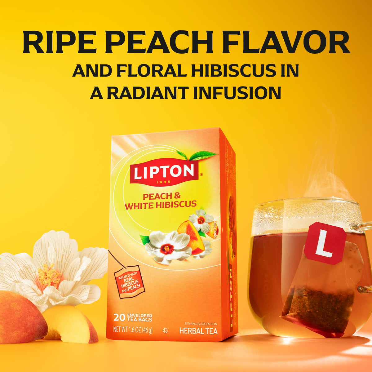 Lipton Peach Paradise close-up shows peach and hibiscus notes for a fruity aroma.