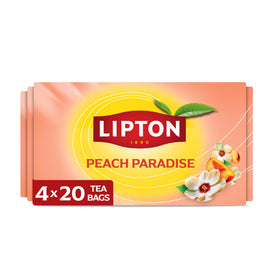 Lipton Peach Paradise packaging highlights caffeine-free herbal tea for a relaxing break.