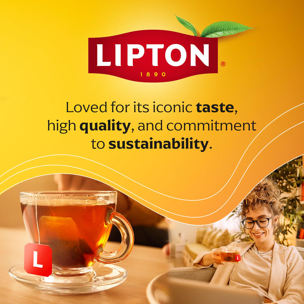 Stacked tea bags convey value from Lipton's 4x20-pack.