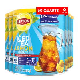 Lipton reduced-sugar iced tea mix lemon canister, ready for quick, refreshing servings.