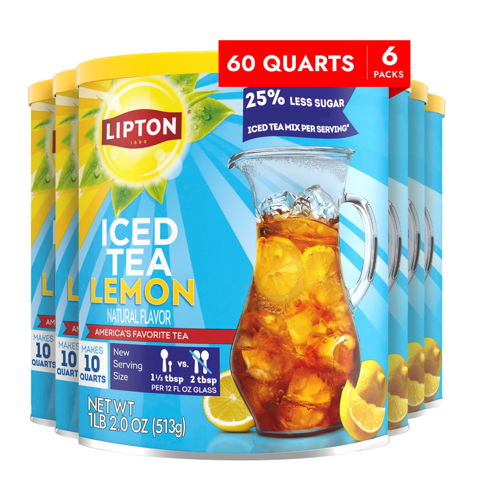Lipton reduced-sugar iced tea mix lemon canister, ready for quick, refreshing servings.