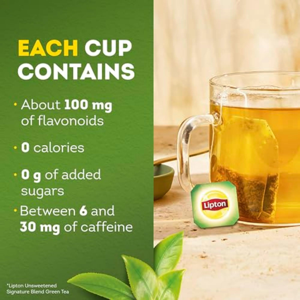 Lipton Signature Blend Green Tea bag resting in mug for quick brew.