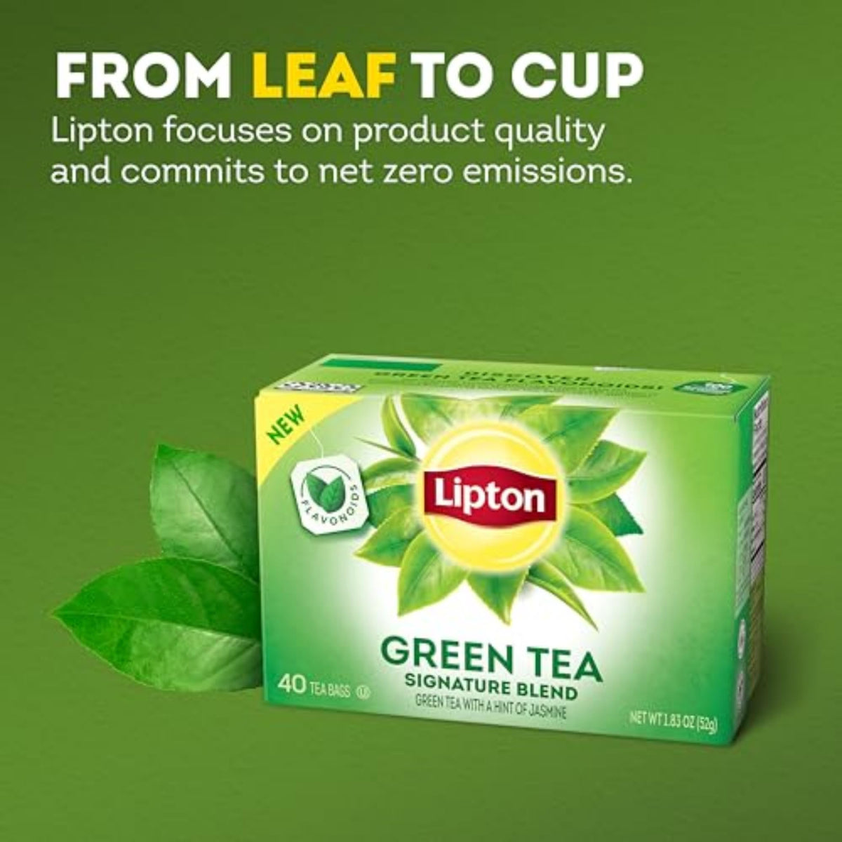 Lipton Signature Blend Green Tea packaged box on shelf for sustainable sourcing.