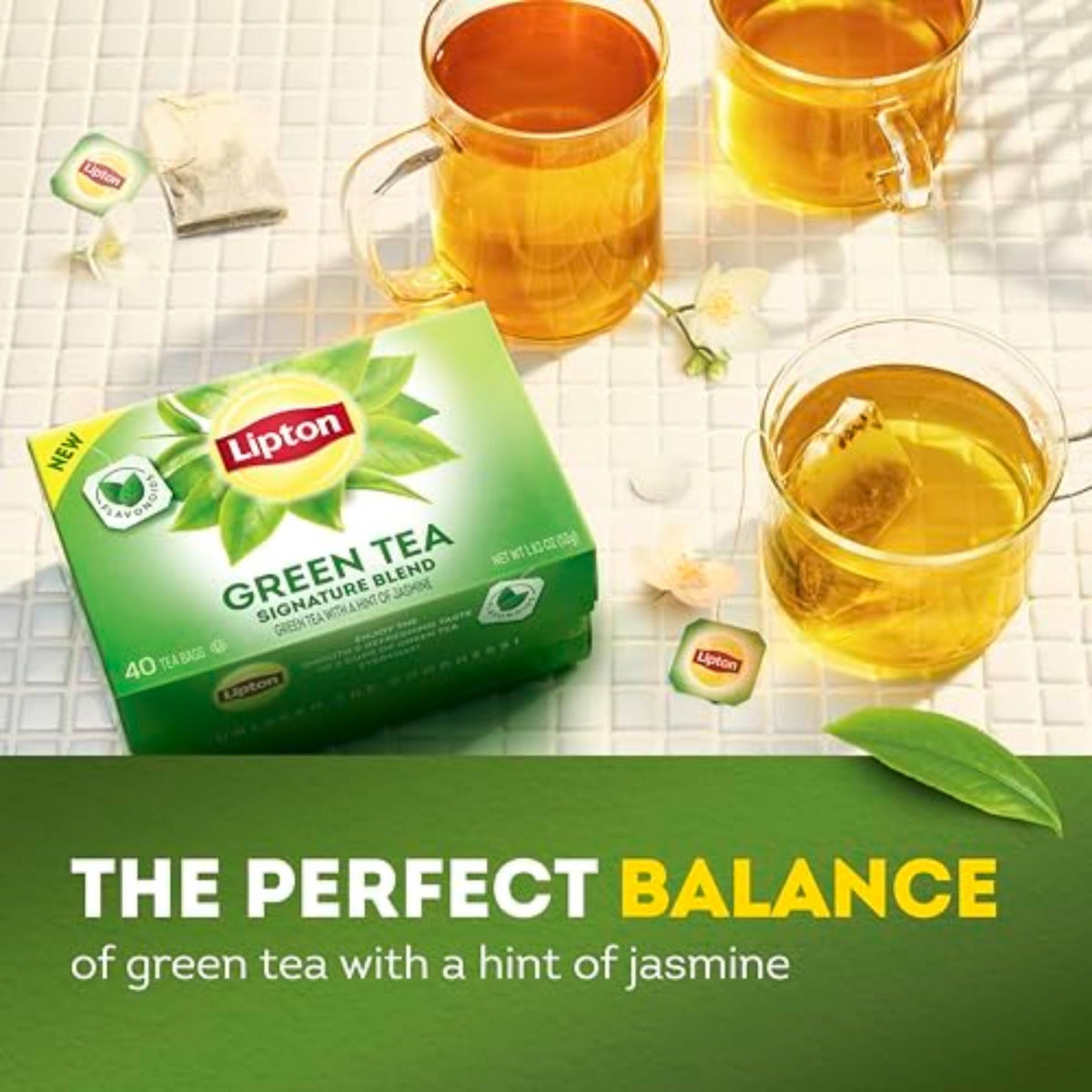 Lipton Signature Blend Green Tea packets arranged for easy iced tea prep.