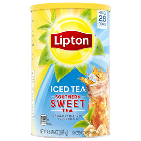 Lipton Southern Sweet Iced Tea Mix canister front view for quick, refreshing brewing.