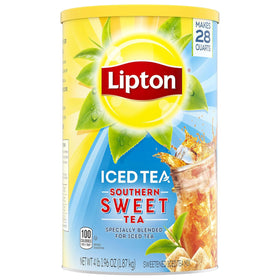 Pouring Lipton mix with cold water and ice for a refreshing brew.