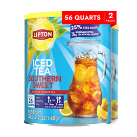 Lipton Southern Sweet Reduced Sugar Iced Tea Mix bottle pour for quick refreshing tea.