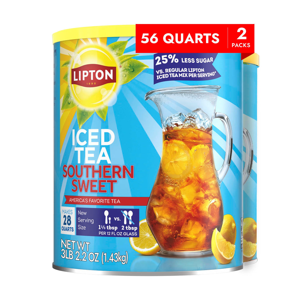 Lipton Southern Sweet Reduced Sugar Iced Tea Mix bottle pour for quick refreshing tea.