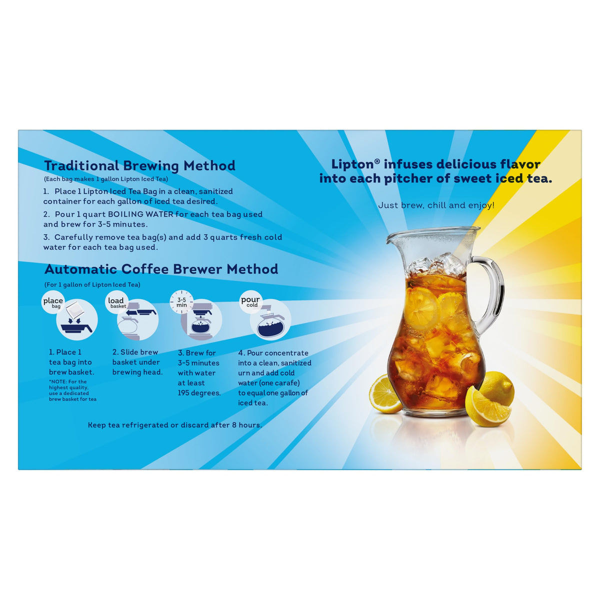 Lipton Southern Sweet Tea Bags brew guide image showing hot-to-cold brewing steps