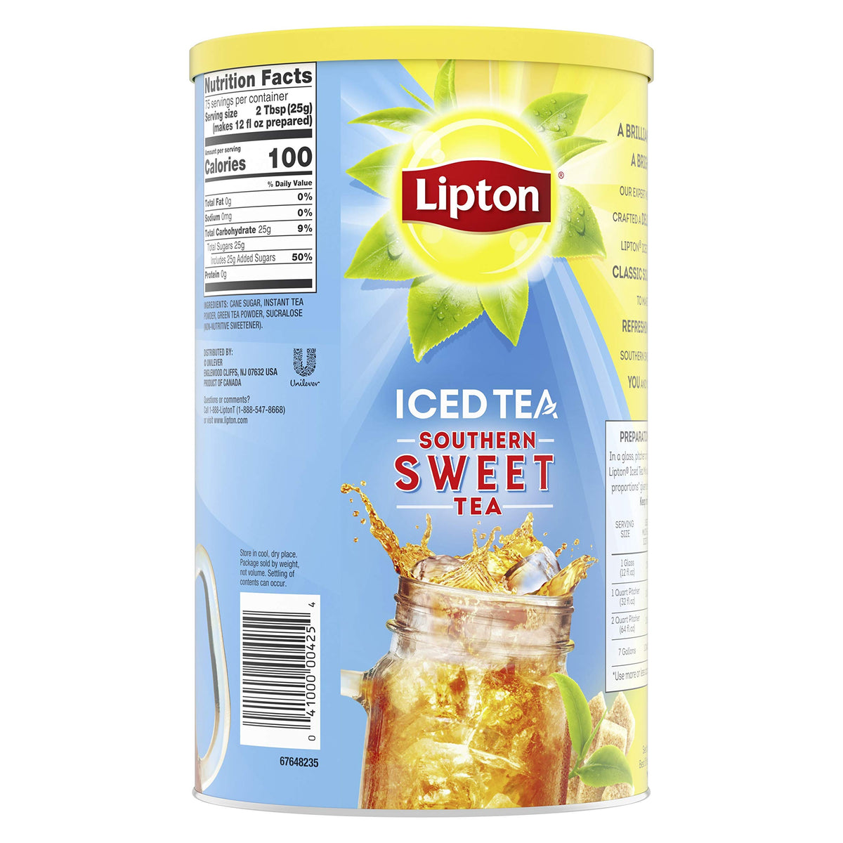Lipton Southern Sweet Tea Mix poured into a tall glass over ice for cooling flavor.