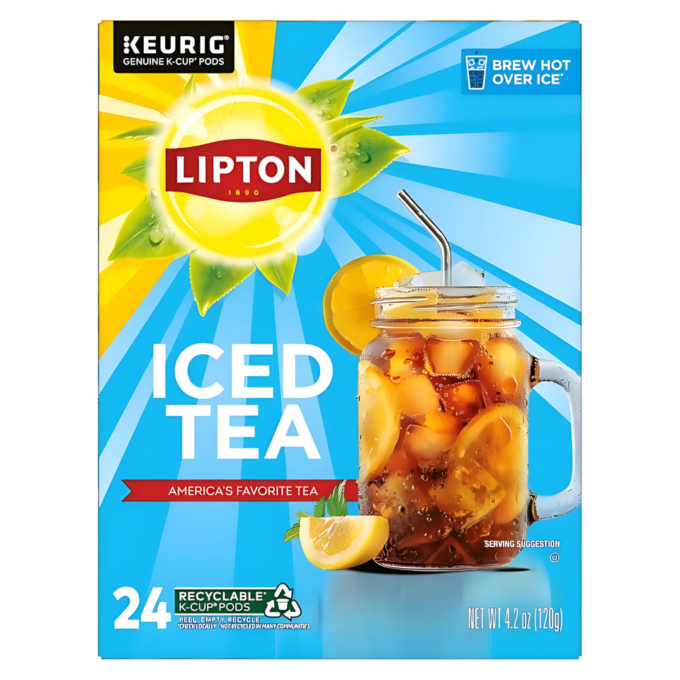 Lipton unsweetened black iced tea k-cups box for quick brewing.