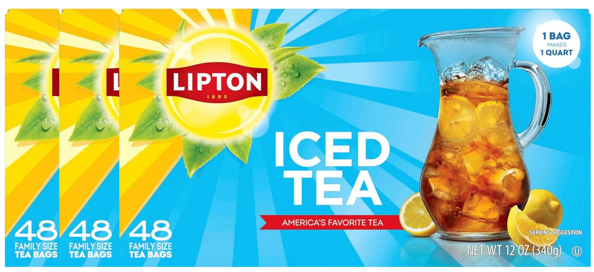 Lipton unsweetened iced tea bags 48-count box front view, crisp classic flavor.