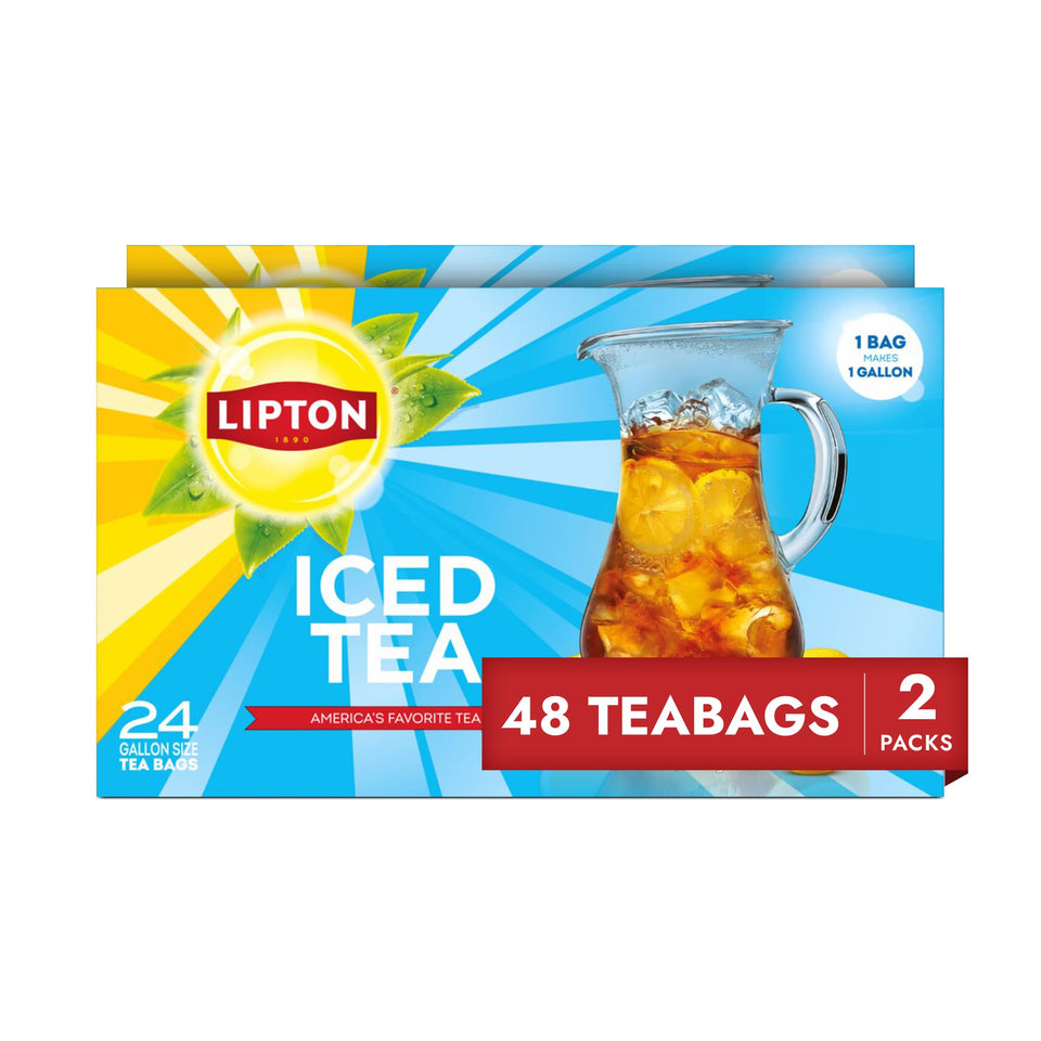 Lipton unsweetened iced tea bags in a gallon pitcher for quick refreshment.