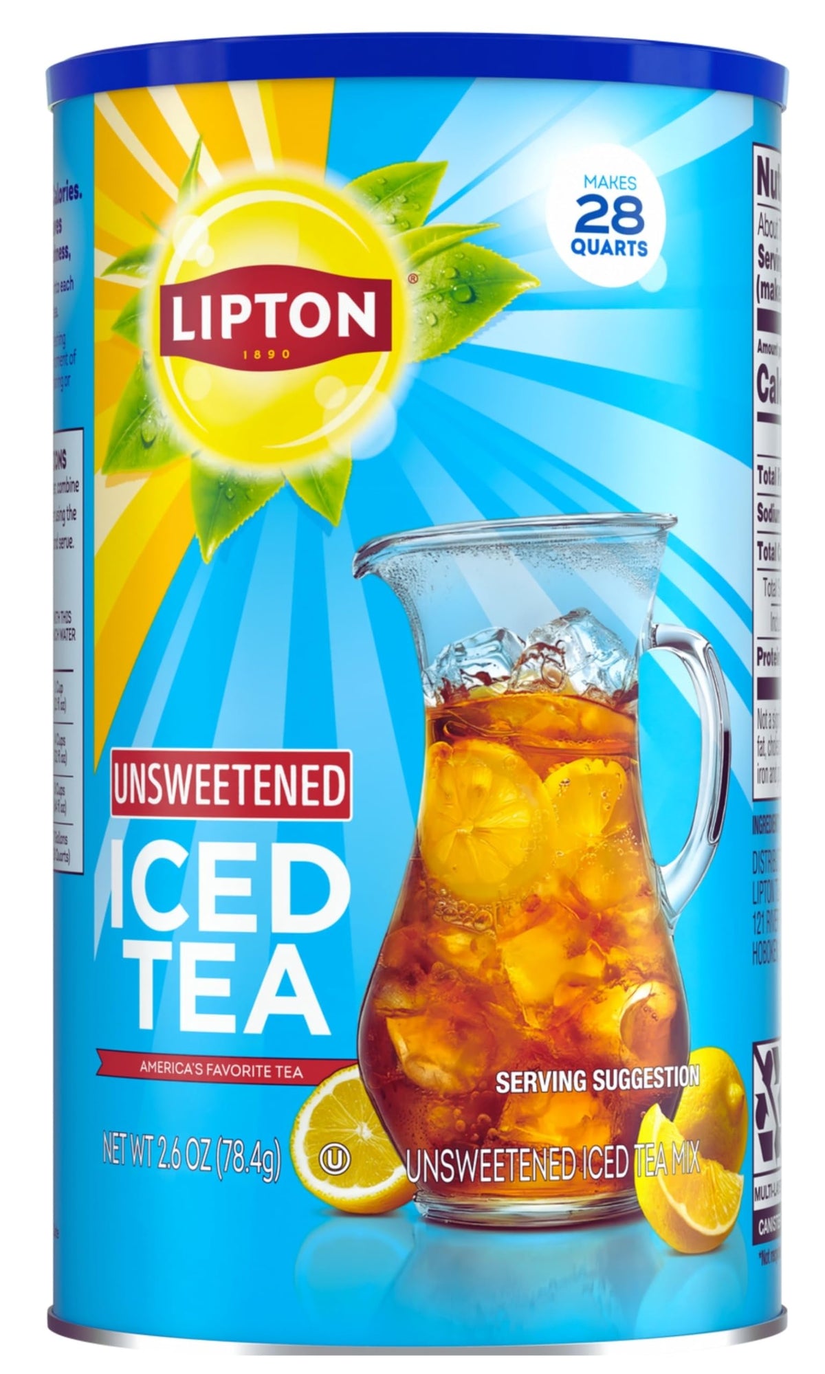 Lipton Unsweetened Iced Tea Mix, 28-qt pack, ideal for easy, zero-calorie refreshment.