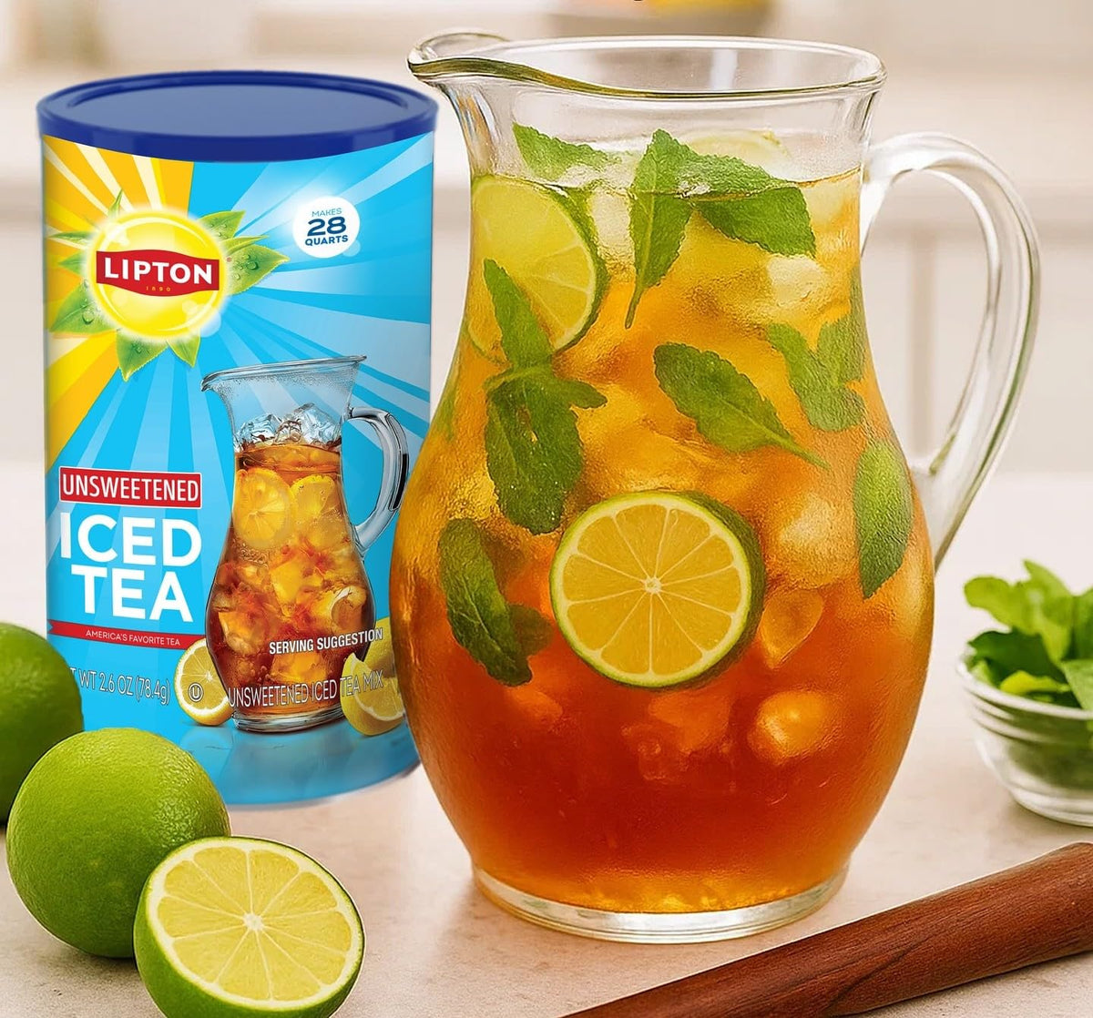 A glass with ice and tea, refreshing, sugar-free option.