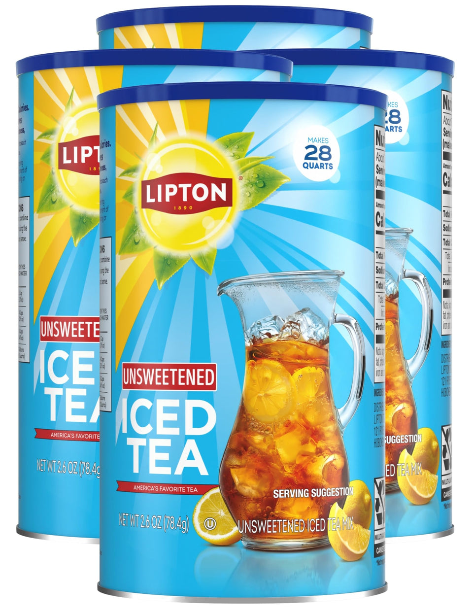 Lipton unsweetened iced tea mix jar front view, ready-to-serve, sugar-free refreshment.