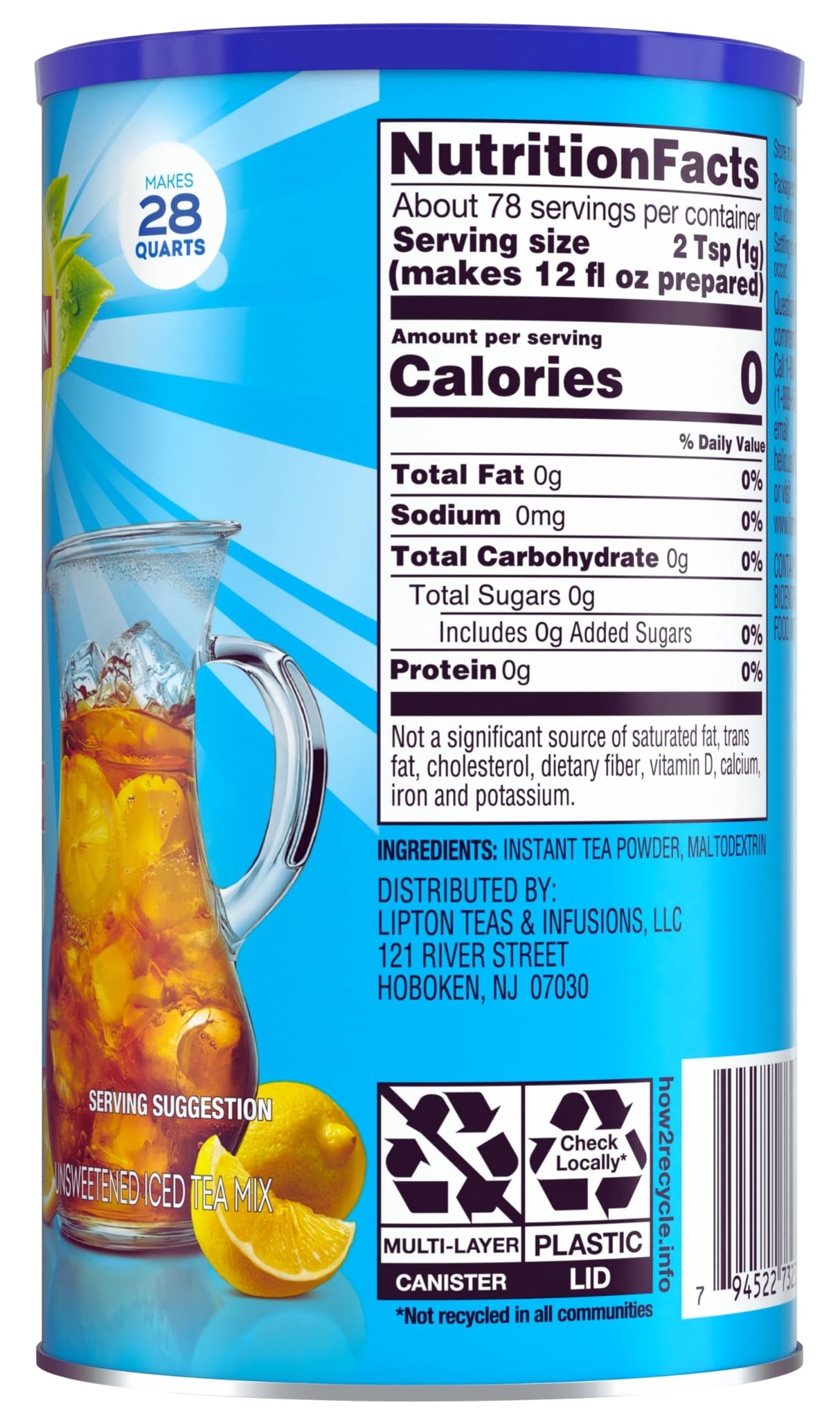 Lipton iced tea mix being poured into a glass, instant crisp flavor.
