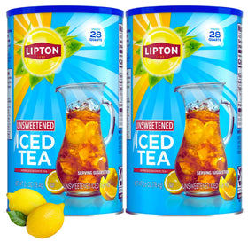 Lipton Unsweetened Iced Tea Mix packaging on a kitchen counter for quick refreshment.