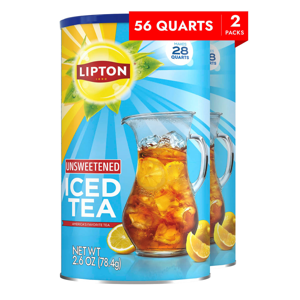 Lipton unsweetened iced tea powder bottle for quick, calorie-free refreshment.