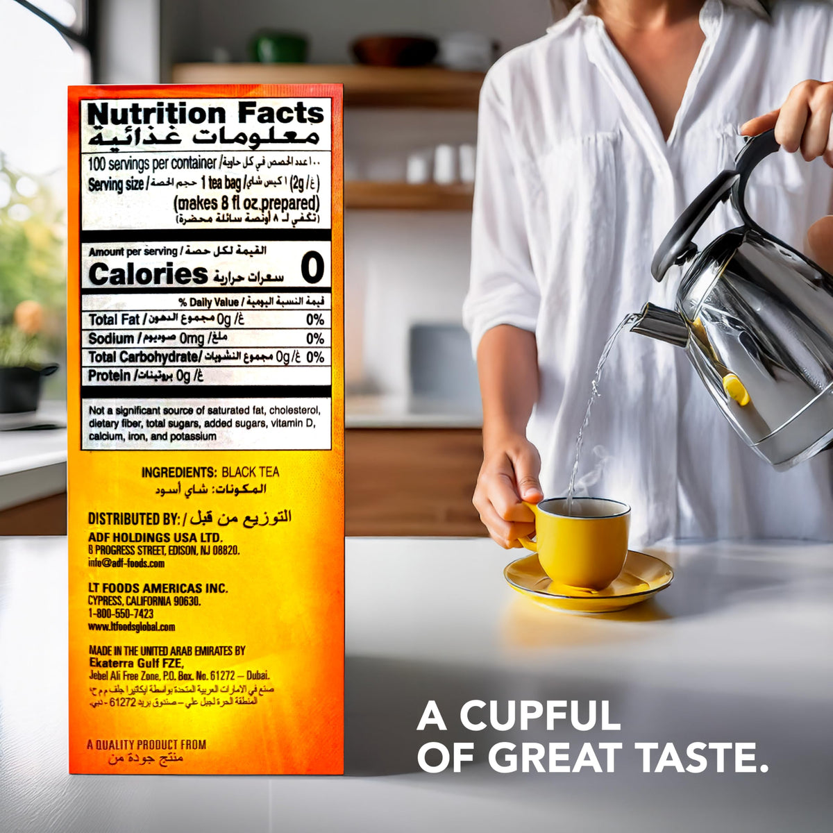 Lipton Yellow Label tea bag steeping in hot water for a rich, bold flavor.