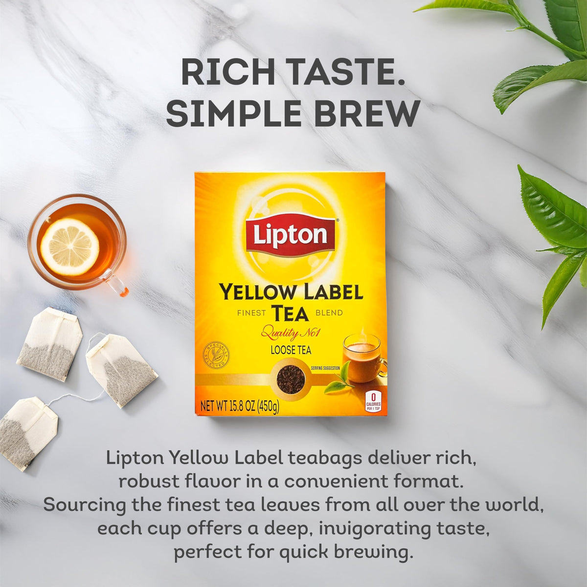 Lipton Yellow Label tea leaves close-up show quality and natural aroma for robust mornings.