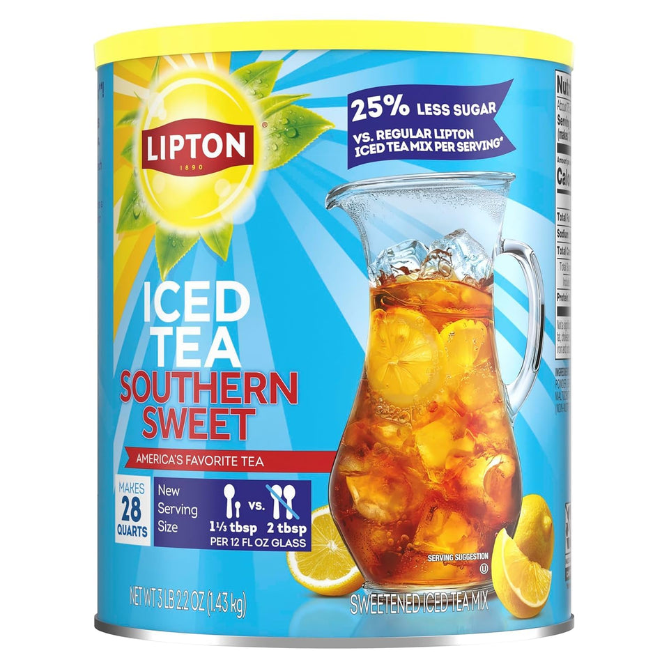 Lipton Zero Sugar Southern Sweet Tea canister keeps mix fresh for quick refreshment.